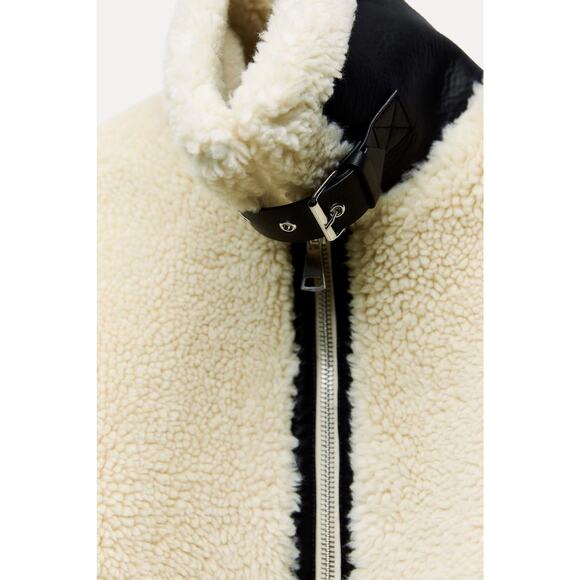 Zara Fleece Biker Jacket ZW Collection Ecru - M - Picture 7 of 8
